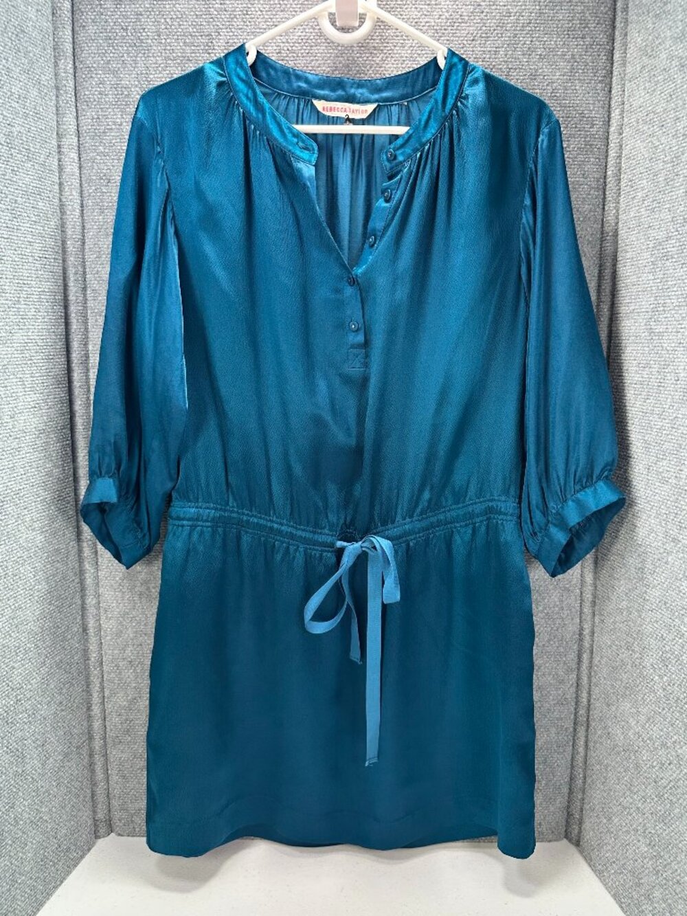 Rebecca Taylor 100% Silk Teal Tunic Mini Dress Drawstring Waist - Retail $395